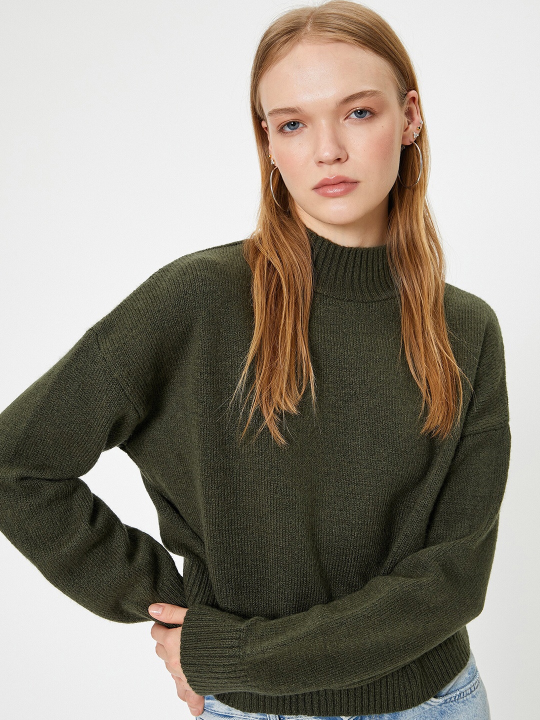 

Koton Women Ribbed Round Neck Pullover Sweaters, Green