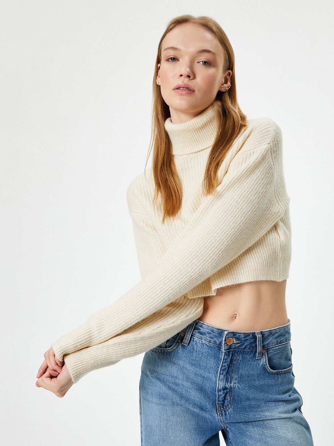 

Koton Women Striped Crop Pullover, Beige