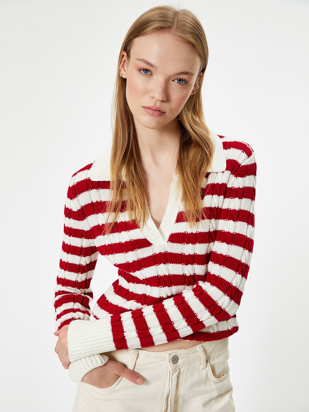 

Koton Women Striped V-Neck Pullover Sweaters, Red