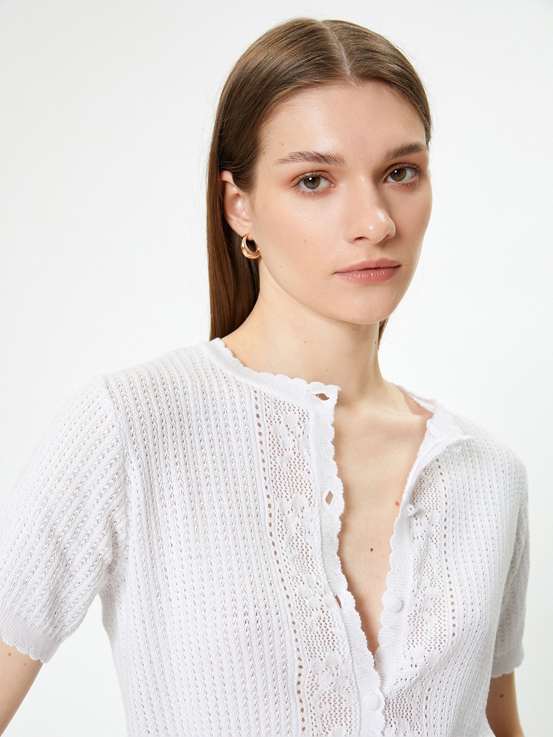 

Koton Women Embroidered Round Neck Front-Open Sweaters, White