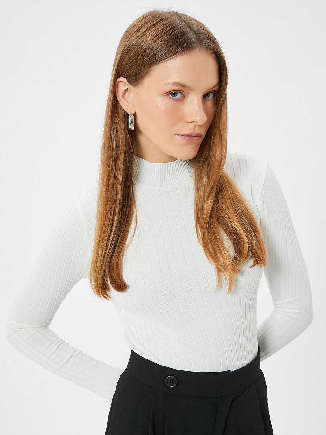 

Koton Women Striped Turtle Neck Pullover Sweaters, White