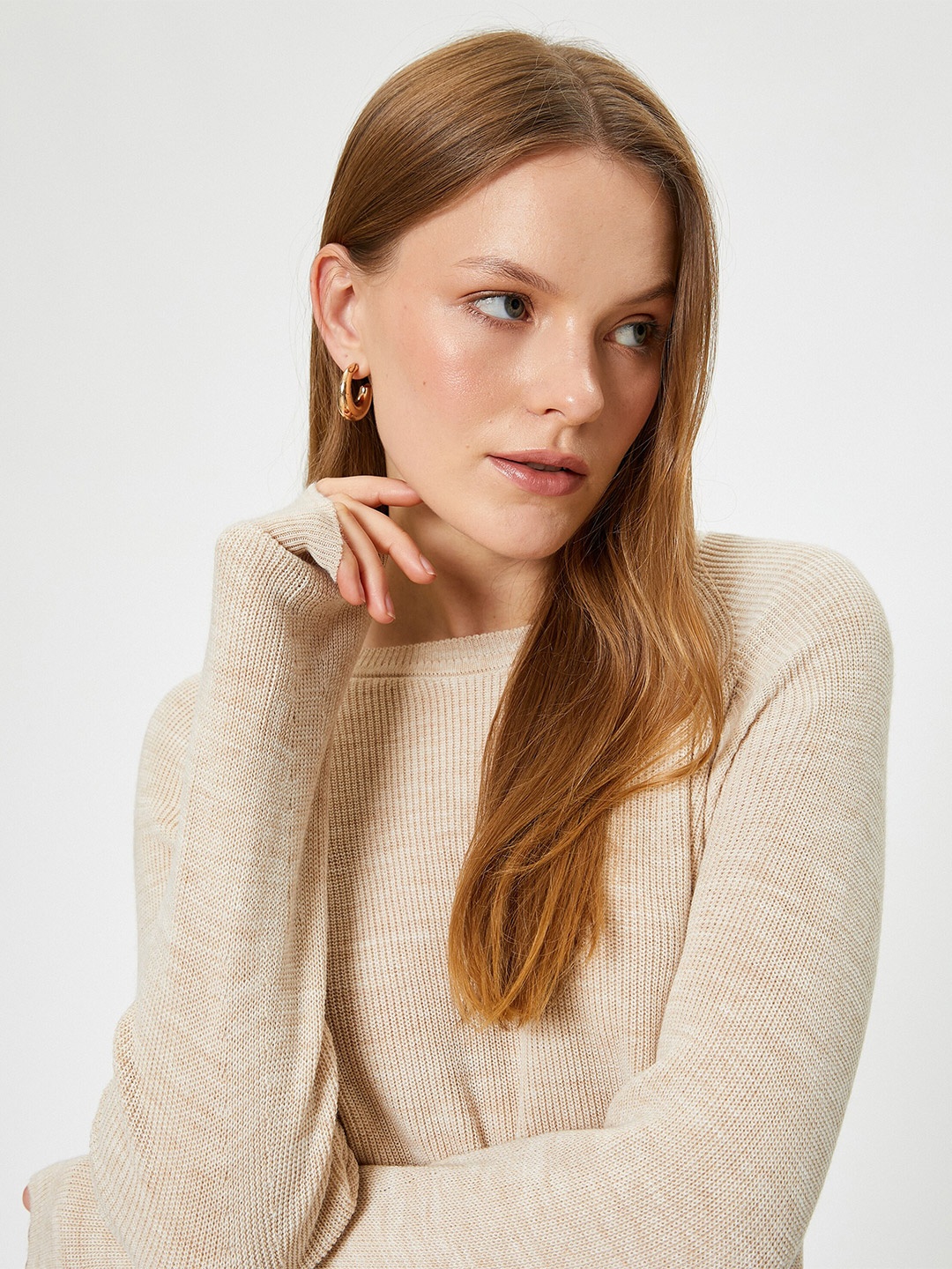

Koton Women Ribbed Round Neck Pullover Sweaters, Beige