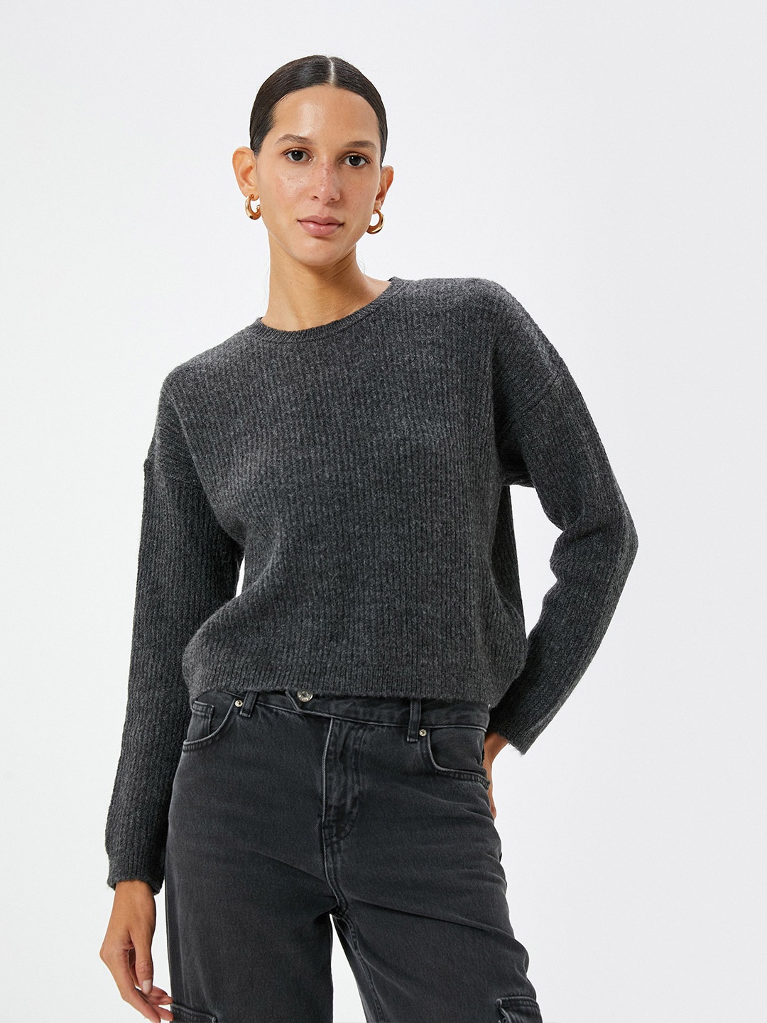 

Koton Women Ribbed Round Neck Pullover Sweaters, Grey