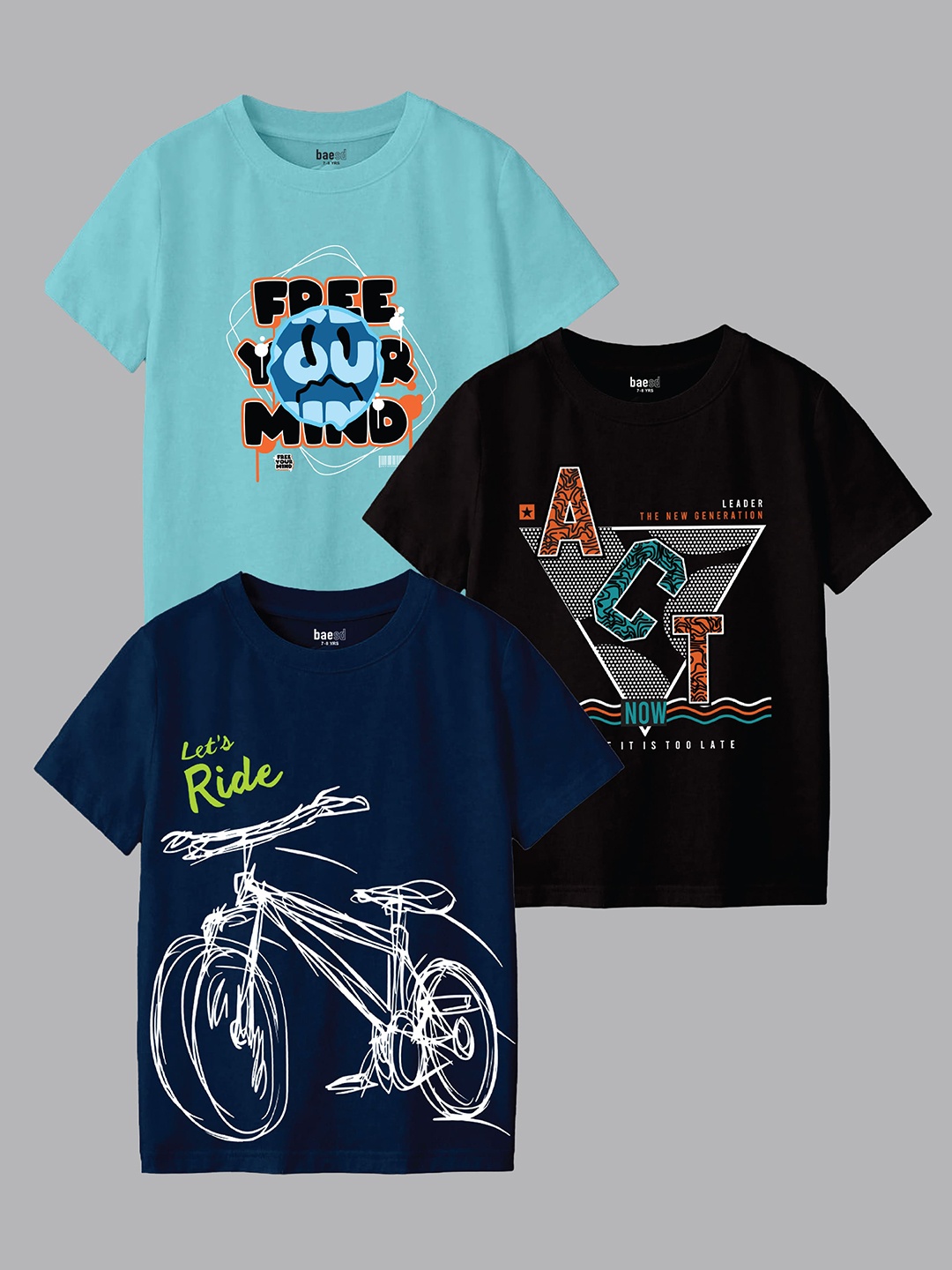 

BAESD Boys Pack Of 3 Graphic Printed Round Neck T-shirts, Blue