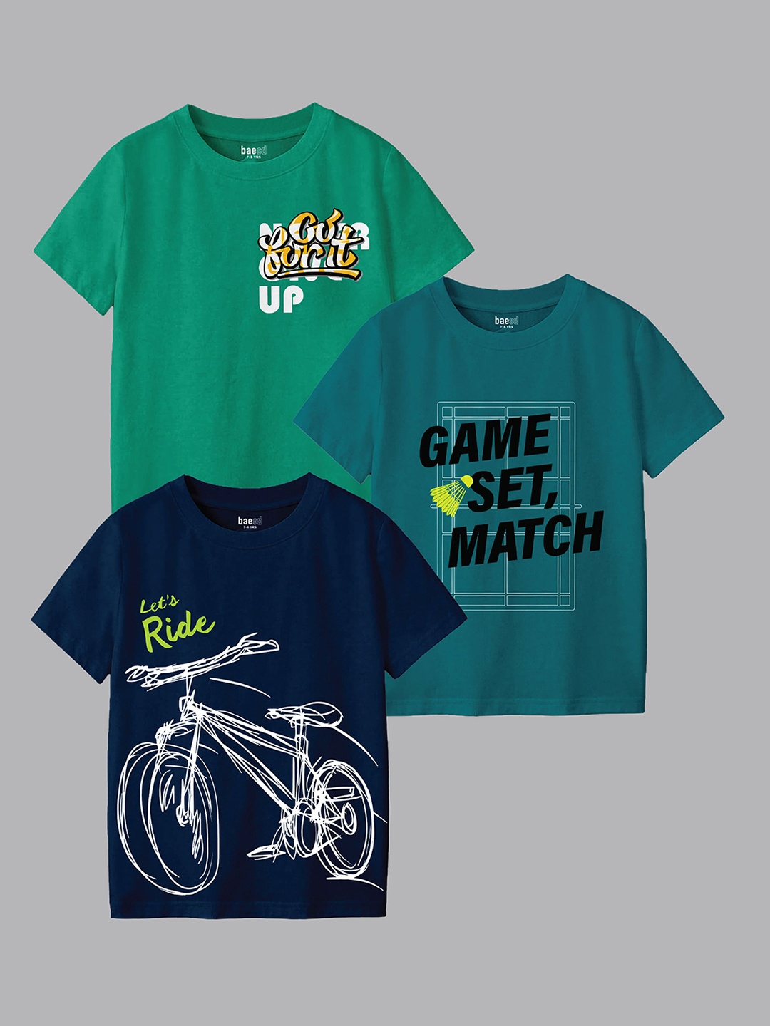 

BAESD Boys Pack Of 3 Typography Printed Round Neck T-shirts, Green