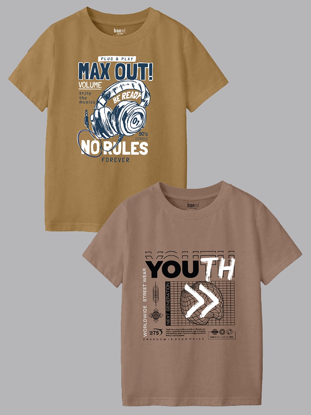 

BAESD Boys Pack Of 2 Typography Printed Round Neck T-shirts, Beige