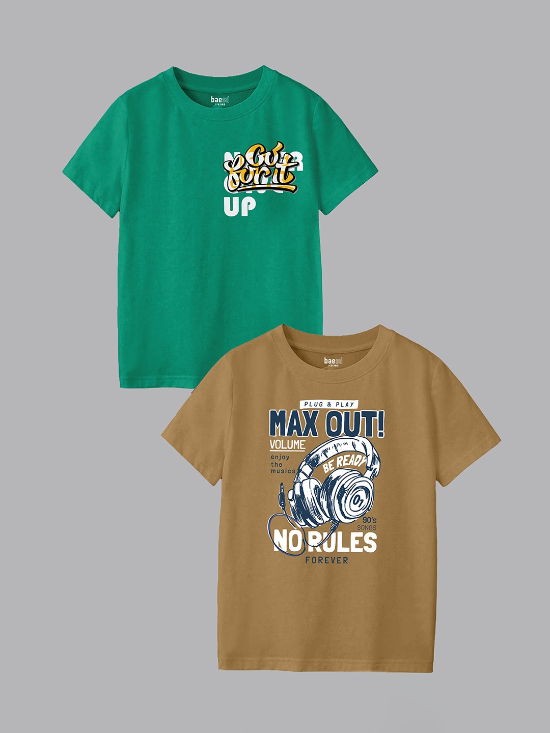

BAESD Boys Pack Of 2 Typography Printed Round Neck T-shirts, Green