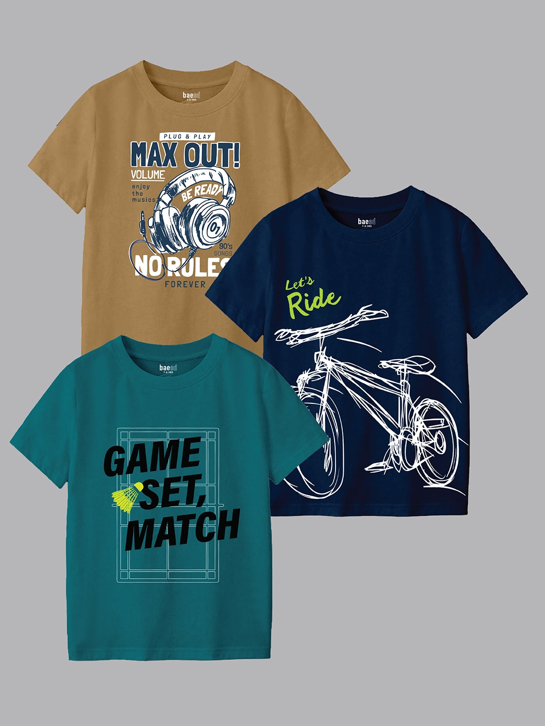

BAESD Boys Pack Of 3 Graphic Printed Round Neck T-shirts, Brown