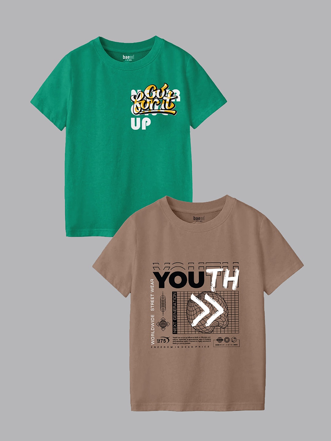 BAESD Boys Pack Of 2 Typography Printed Round Neck T-shirts, Green