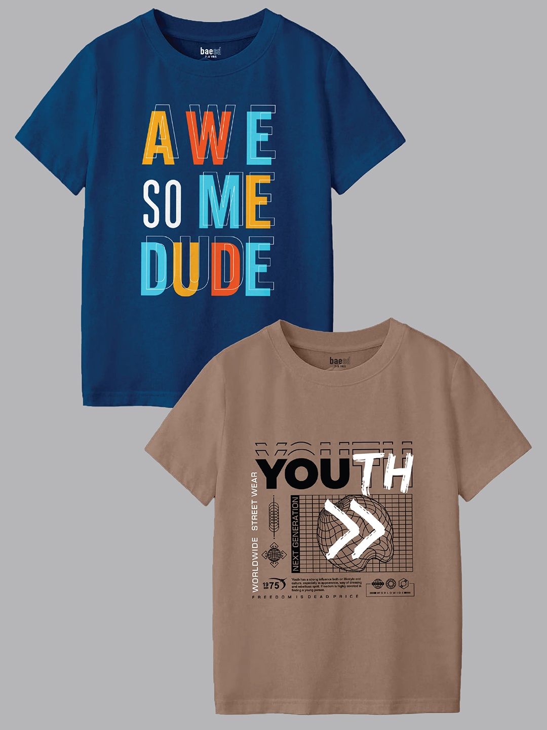 

BAESD Boys Pack Of 2 Typography Printed Round Neck T-shirts, Blue