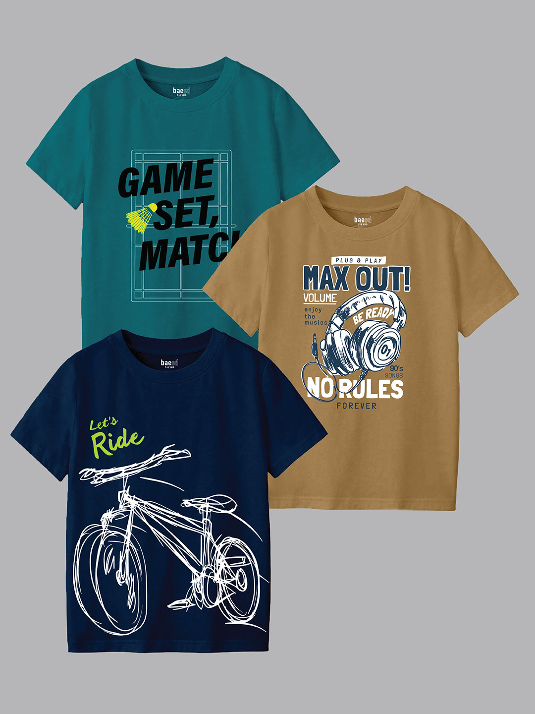 

BAESD Boys Pack Of 3 Graphic Printed Round Neck T-shirts, Green