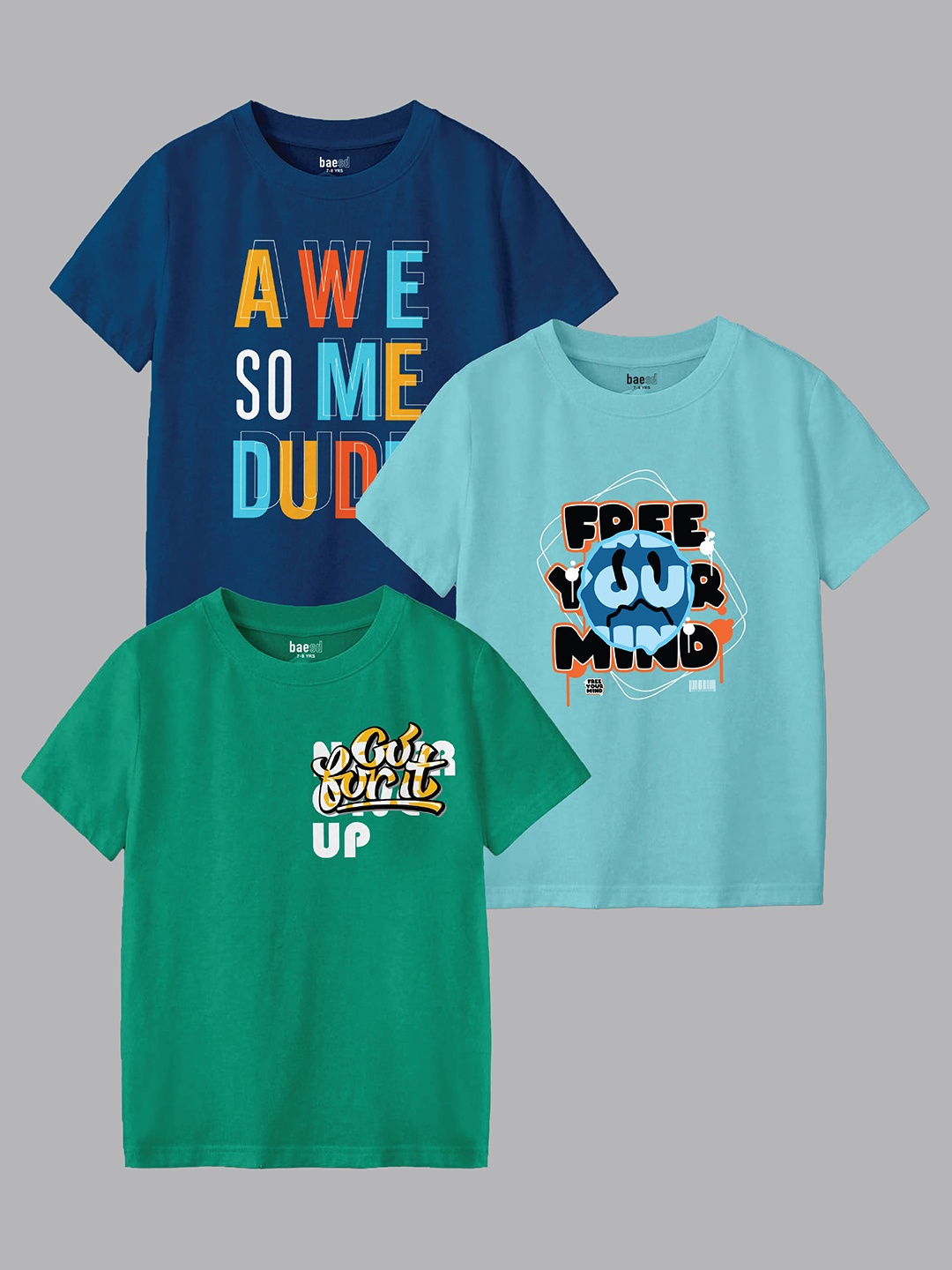 

BAESD Boys Pack Of 3 Typography Printed Round Neck T-shirts, Navy blue
