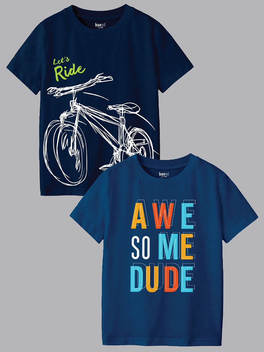 

BAESD Boys Pack Of 2 Typography Printed Round Neck T-shirts, Navy blue