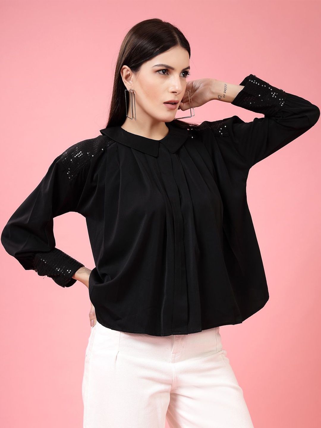 

Juelle Women Blouson Cuffed Sleeves Peter Pan Collar Top, Black