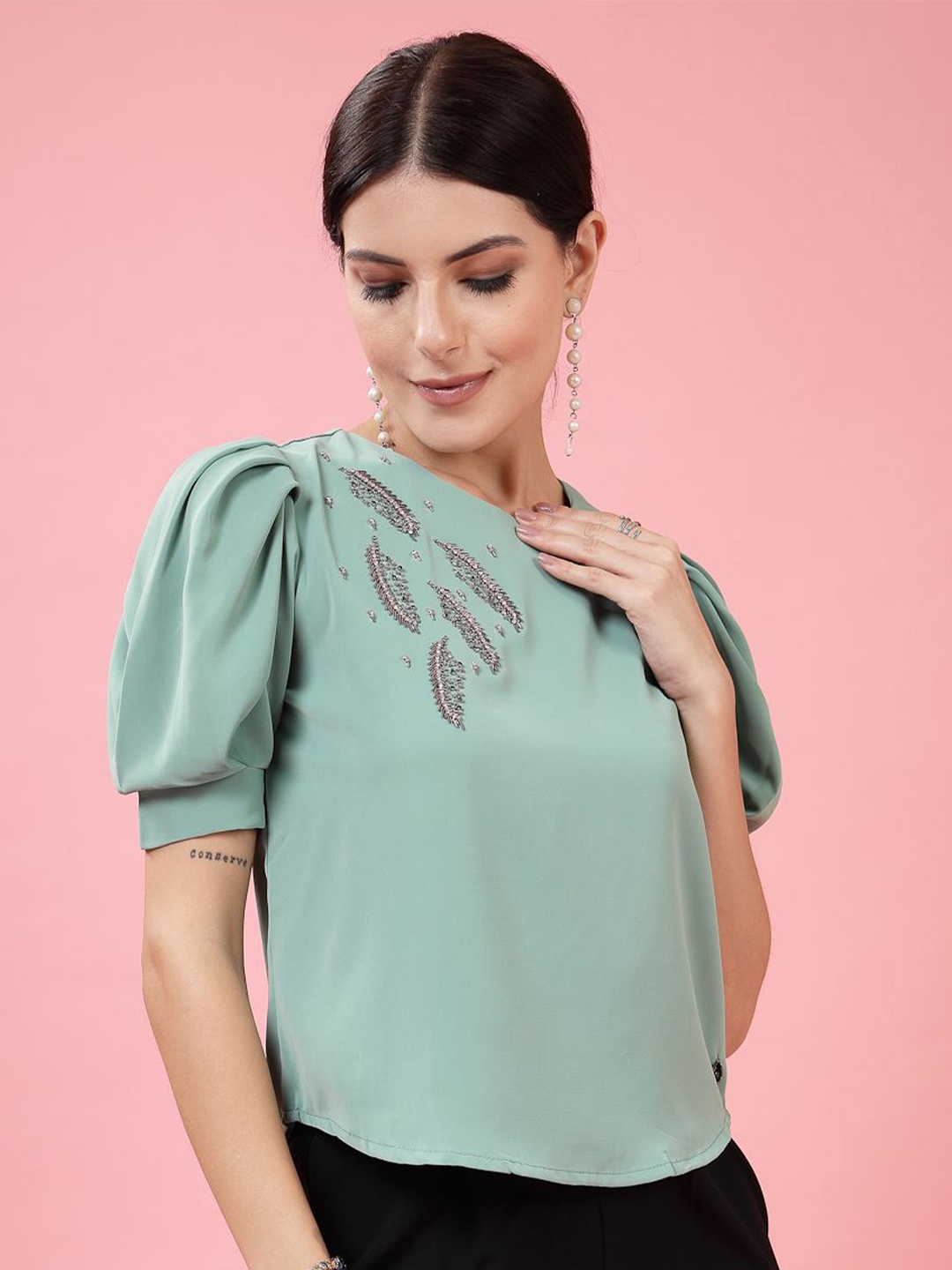 

Juelle Women Solid Puff Sleeve Top, Green