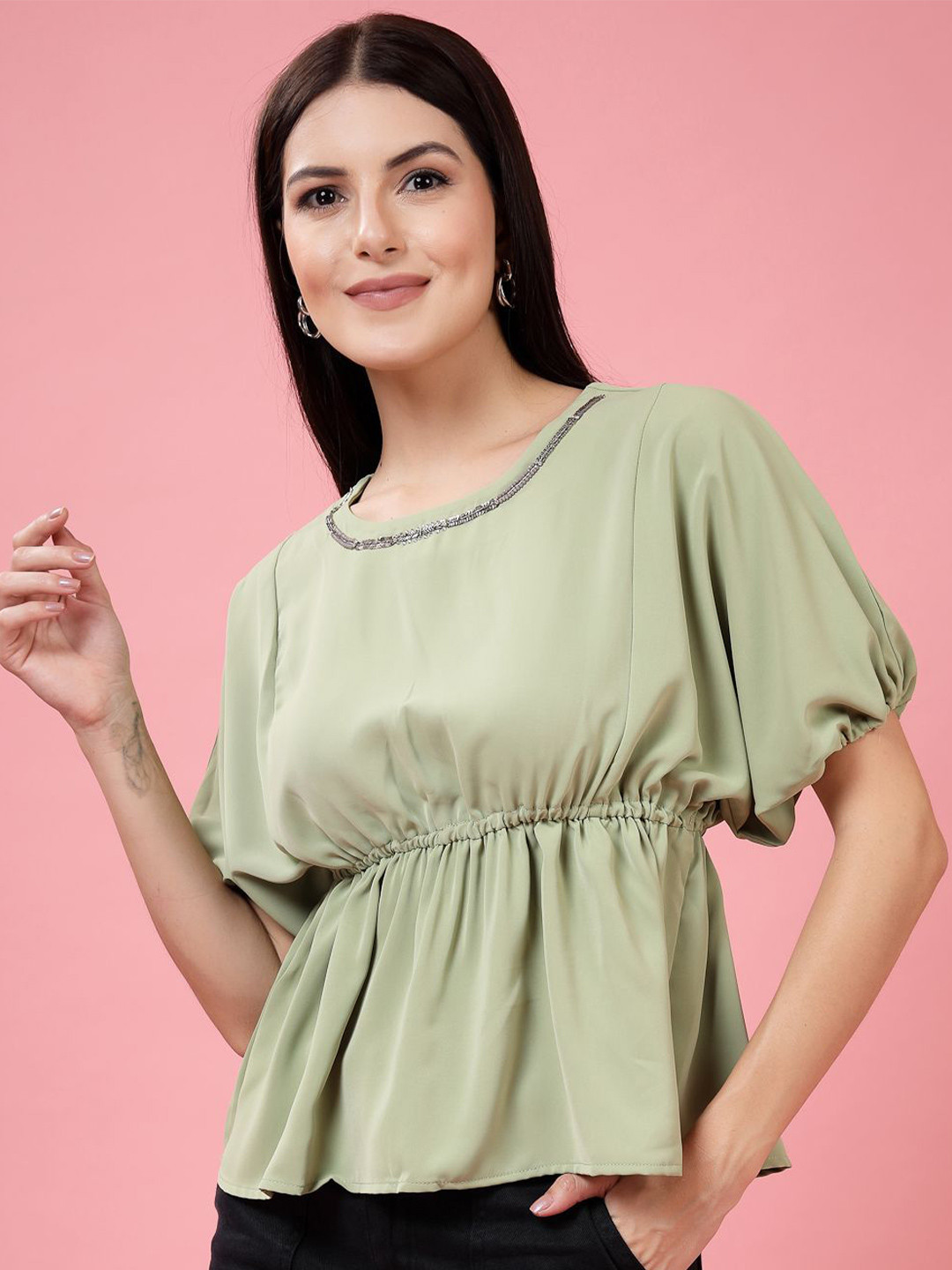 

Juelle Women Solid Batwing Sleeves Styled Back Top, Green