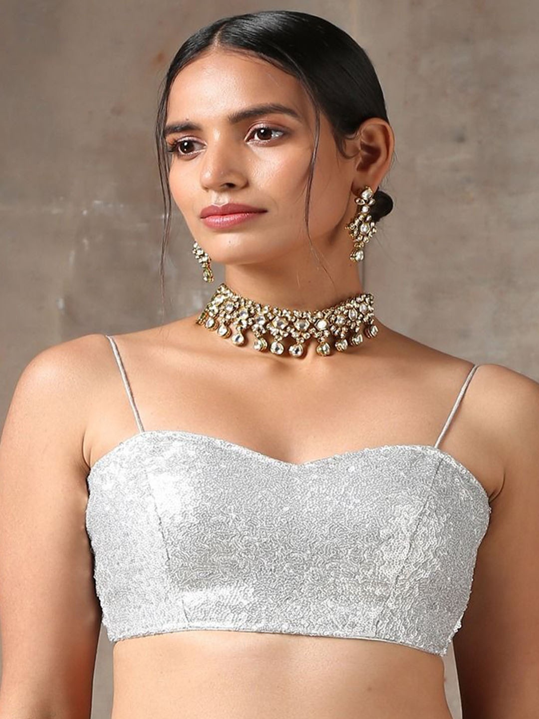 

Swtantra Sequin Sweetheart Neck Sleeveless Saree Blouse, Silver