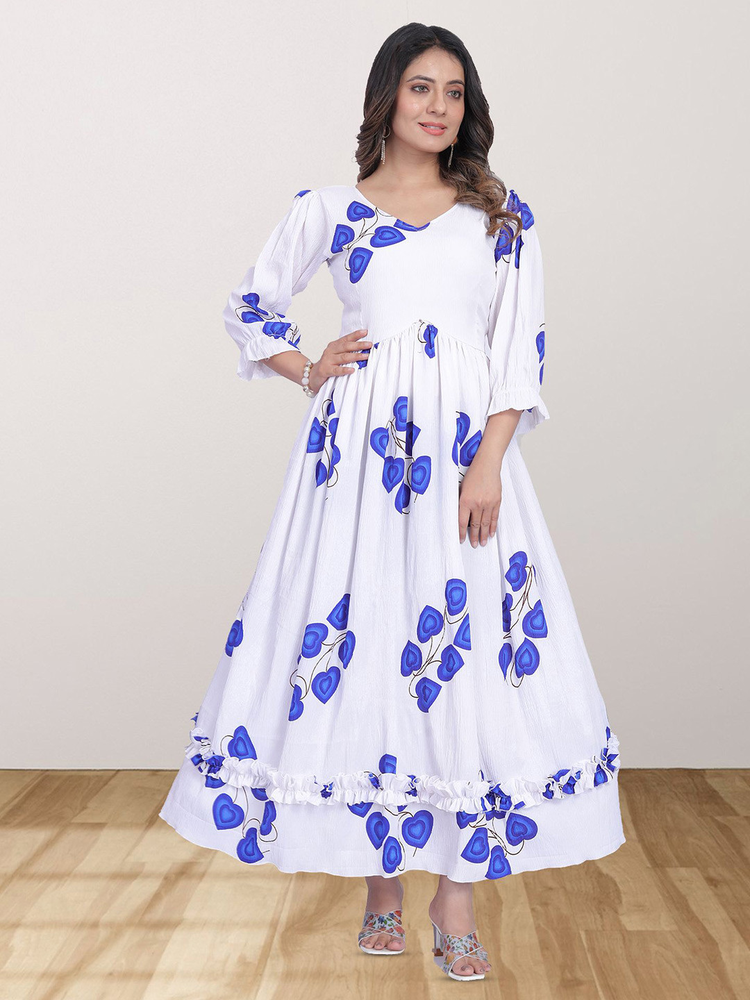 

N N ENTERPRISE Printed Applique Fit & Flare Dress, Blue