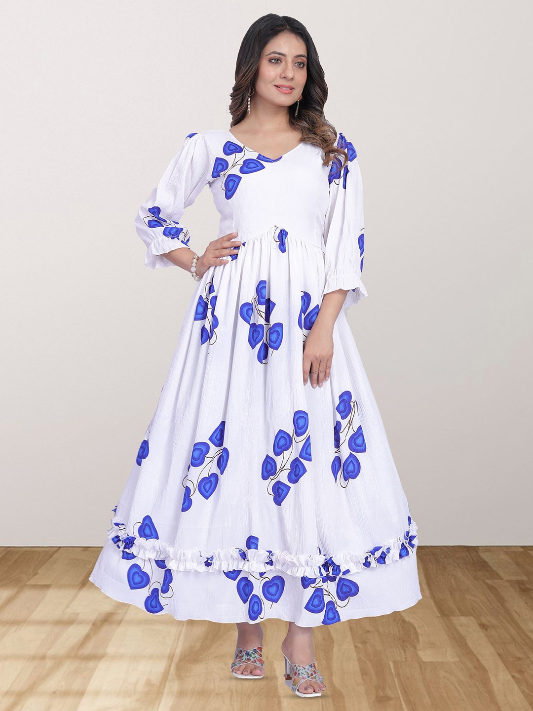 N N ENTERPRISE Floral Puff Sleeve Applique Georgette Fit & Flare Dress, Blue