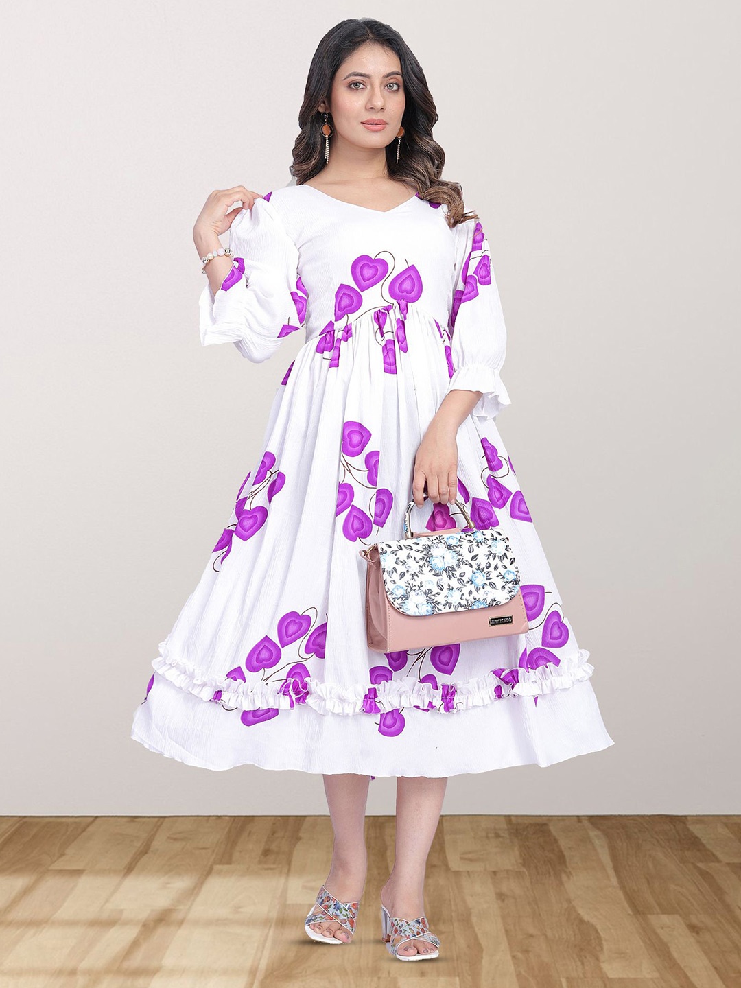 

N N ENTERPRISE Printed Georgette Empire Dress, White