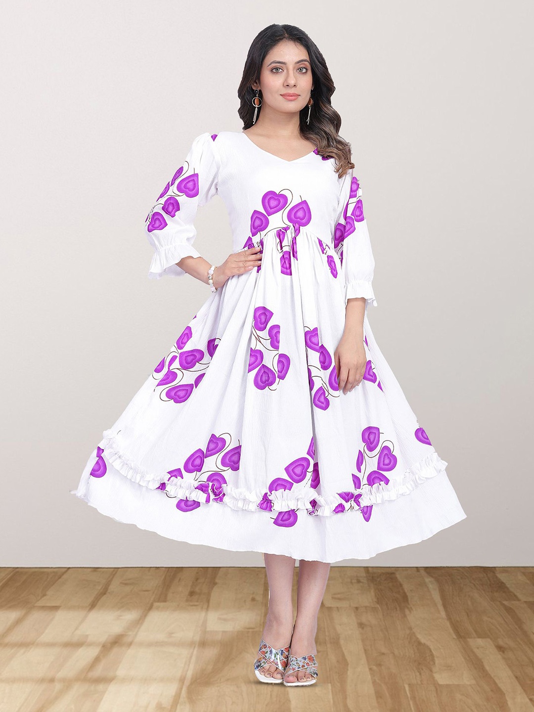 

N N ENTERPRISE Floral Print Applique Georgette Fit & Flare Mini Dress, White