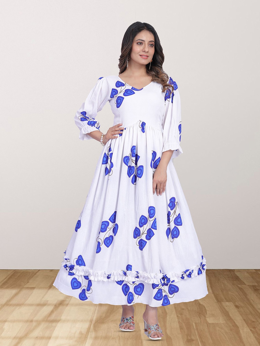 

N N ENTERPRISE Printed Applique Fit & Flare Dress, Blue