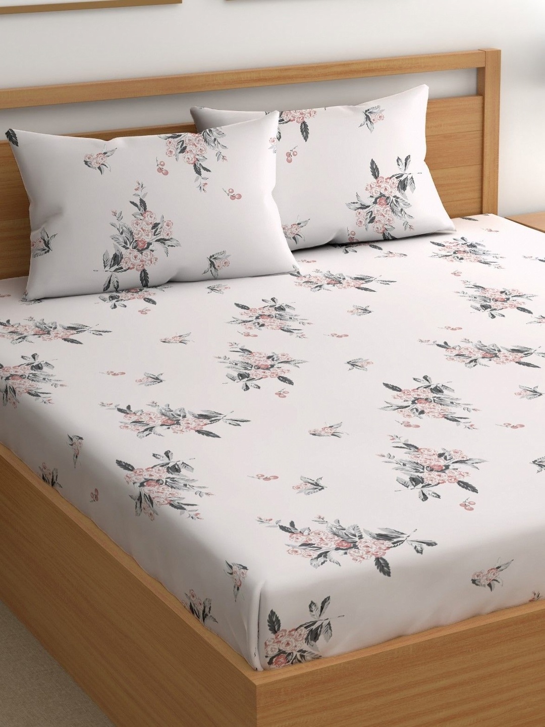 

CHHAVI INDIA White & Grey Floral 210 TC Double King Bedsheet With 2 Pillow Covers