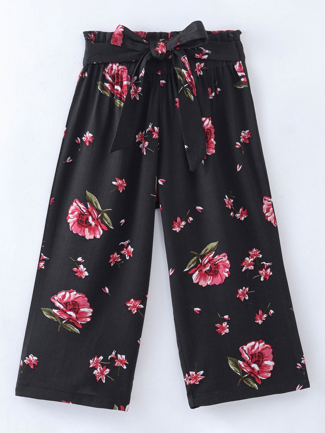 

CrayonFlakes Girls Floral Printed Wide Leg Palazzo, Black