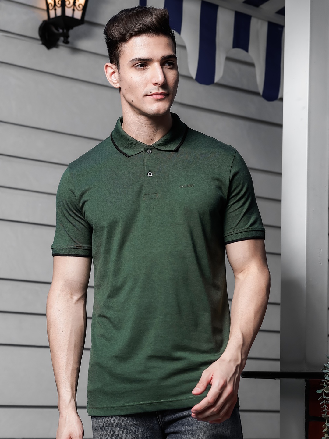 

ONE SKY Men Polo Collar T-shirt, Olive