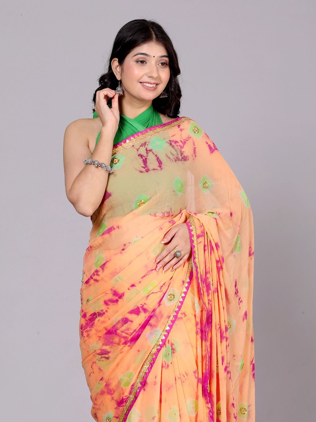 

VL SAREES Bandhani Beads and Stones Pure Chiffon Bandhani Saree, Peach