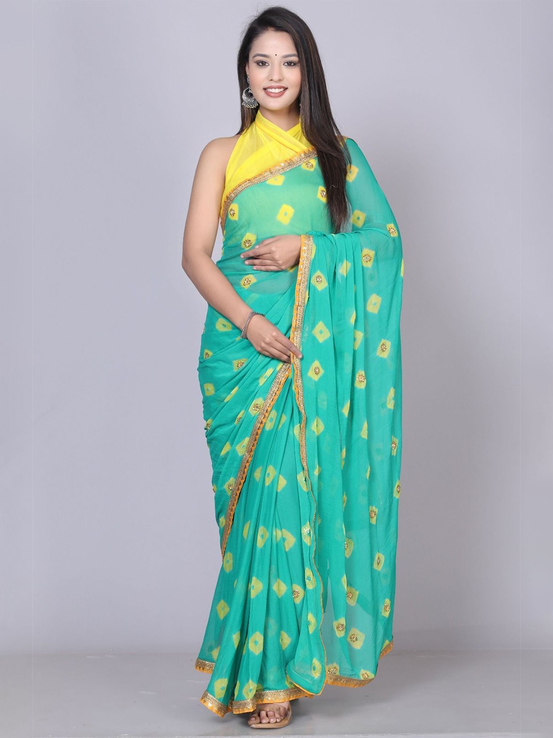 

VL SAREES Bandhani Beads and Stones Pure Chiffon Bandhani Saree, Green