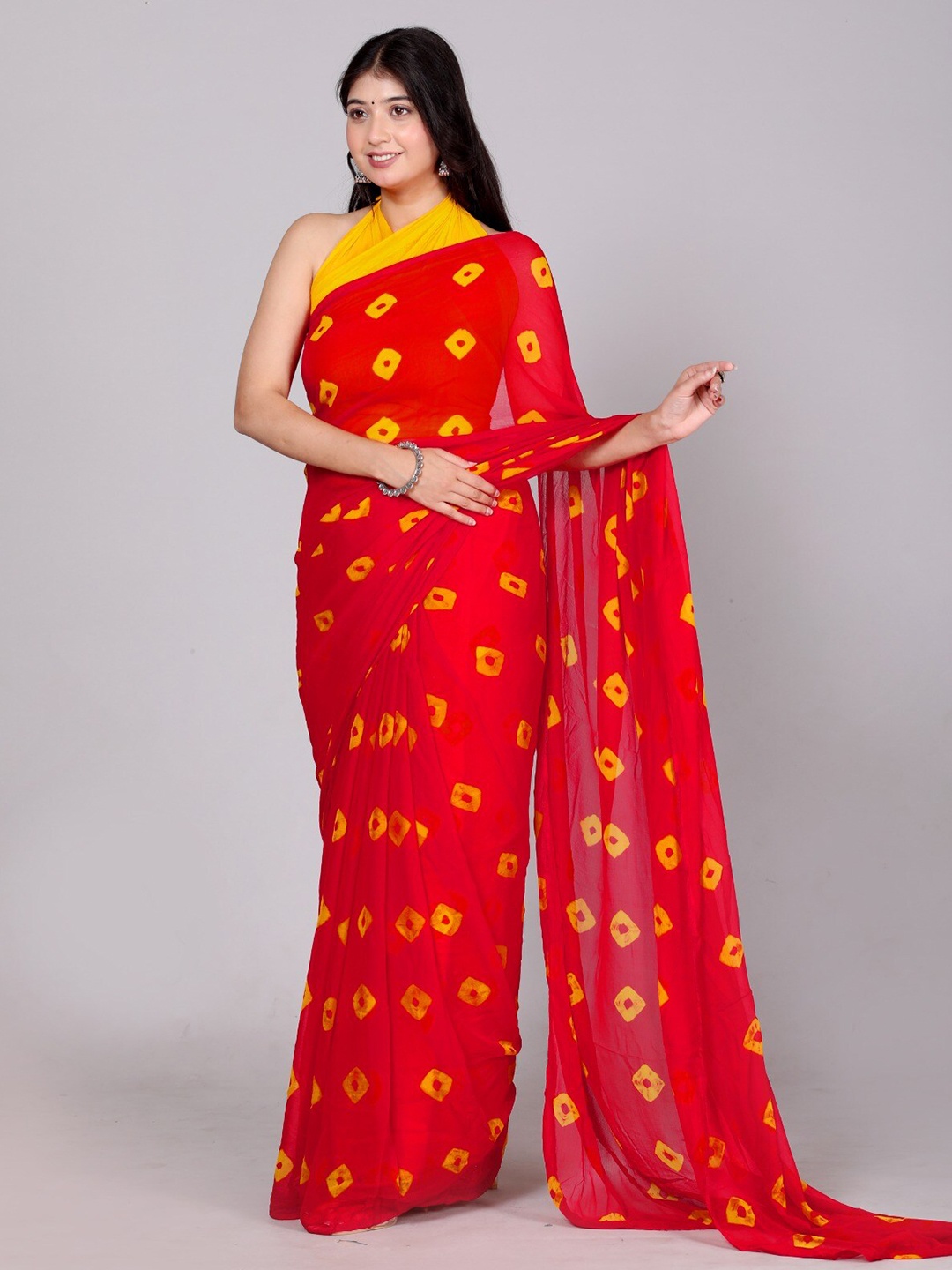 

VL SAREES Bandhani Pure Chiffon Bandhani Saree, Red