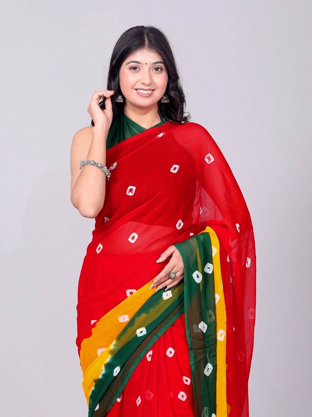 

VL SAREES Bandhani Pure Chiffon Bandhani Saree, Red