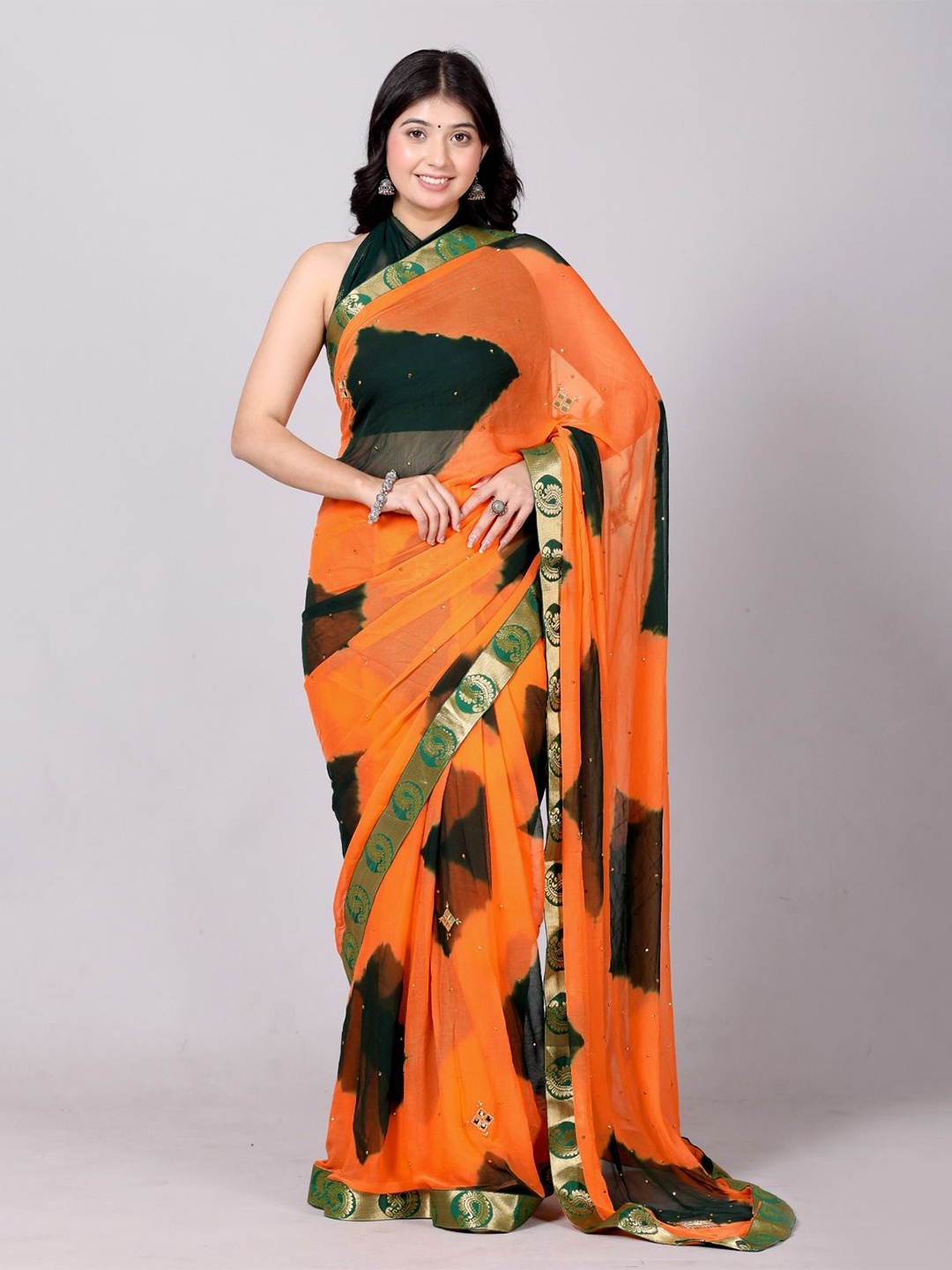 

VL SAREES Tie and Dye Beads and Stones Pure Chiffon Saree, Peach