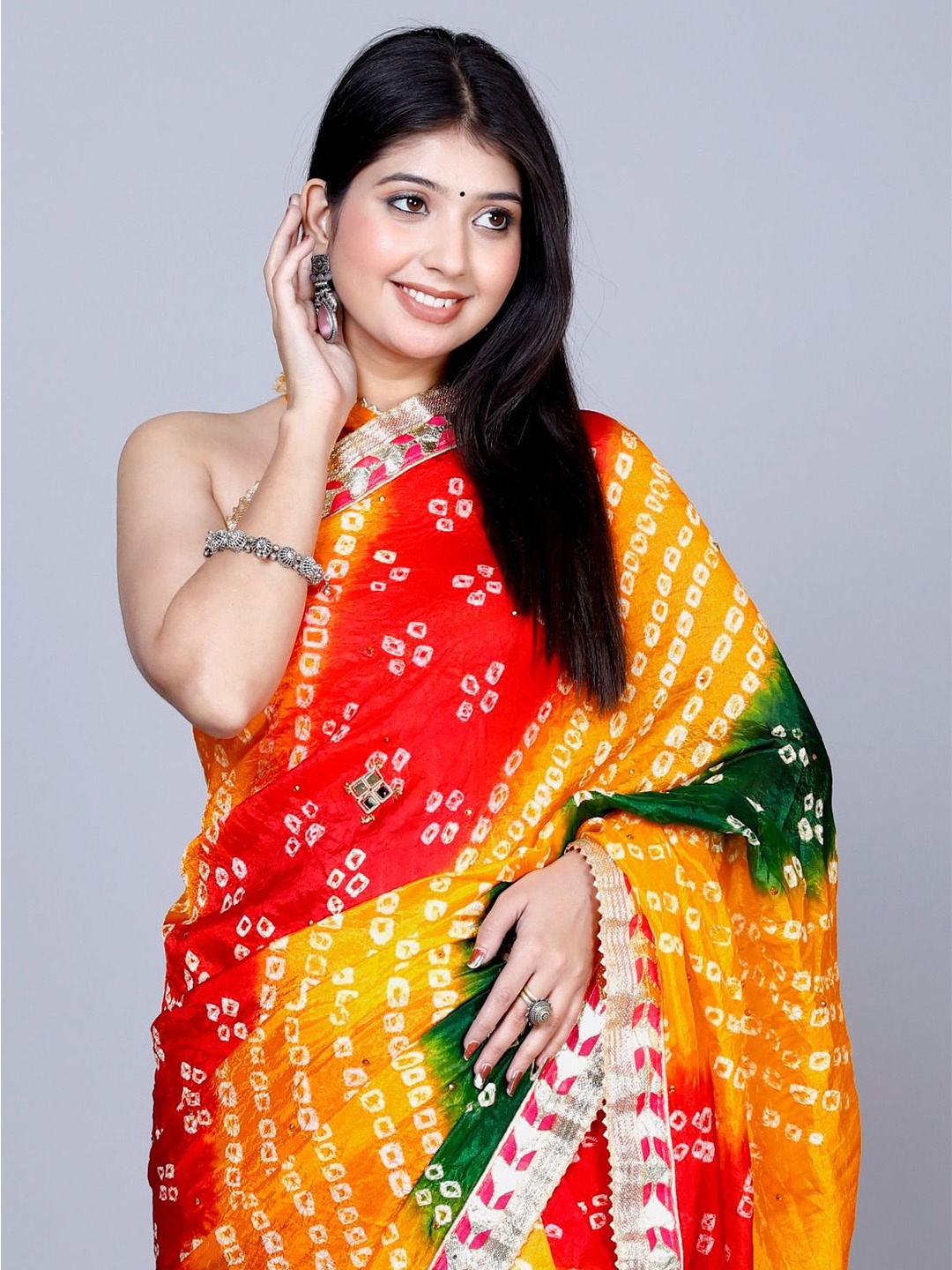 

VL SAREES Bandhani Beads and Stones Pure Chiffon Bandhani Saree, Red