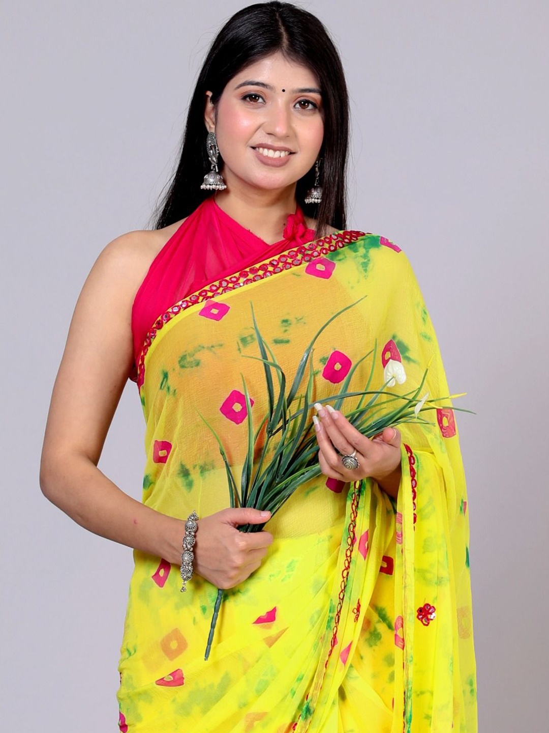 

VL SAREES Beads and Stones Pure Chiffon Bandhani Saree, Yellow