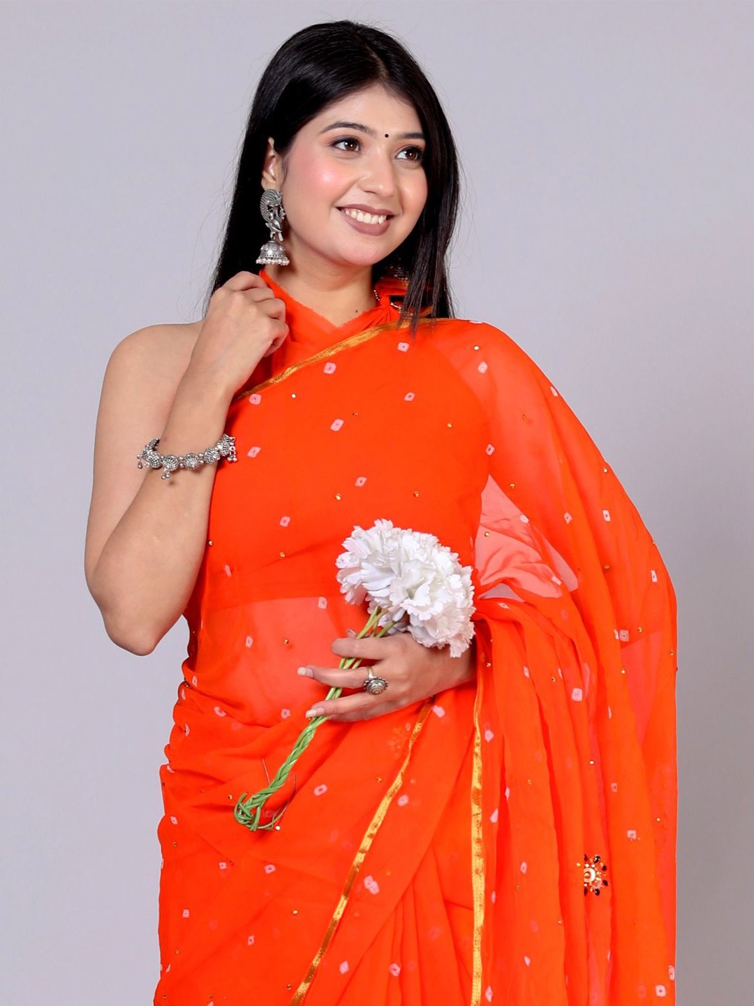 

VL SAREES Bandhani Beads and Stones Pure Chiffon Bandhani Saree, Orange