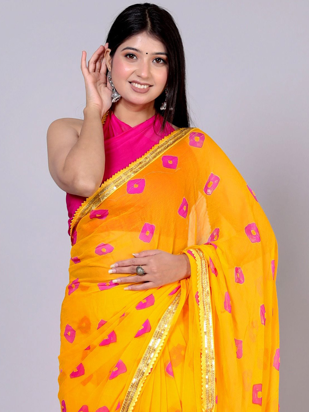 

VL SAREES Bandhani Sequinned Pure Chiffon Bandhani Saree, Yellow