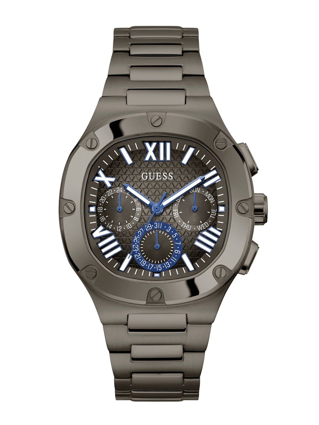 

GUESS Men Textured Dial & Stainless Steel Bracelet Style Straps Analogue Watch GW0572G5, Grey
