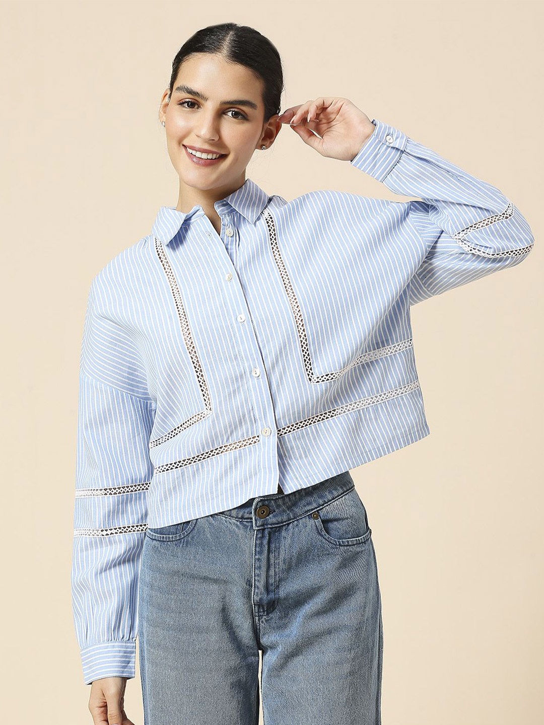 

Chemistry Women Opaque Striped Cotton Casual Shirt, Blue