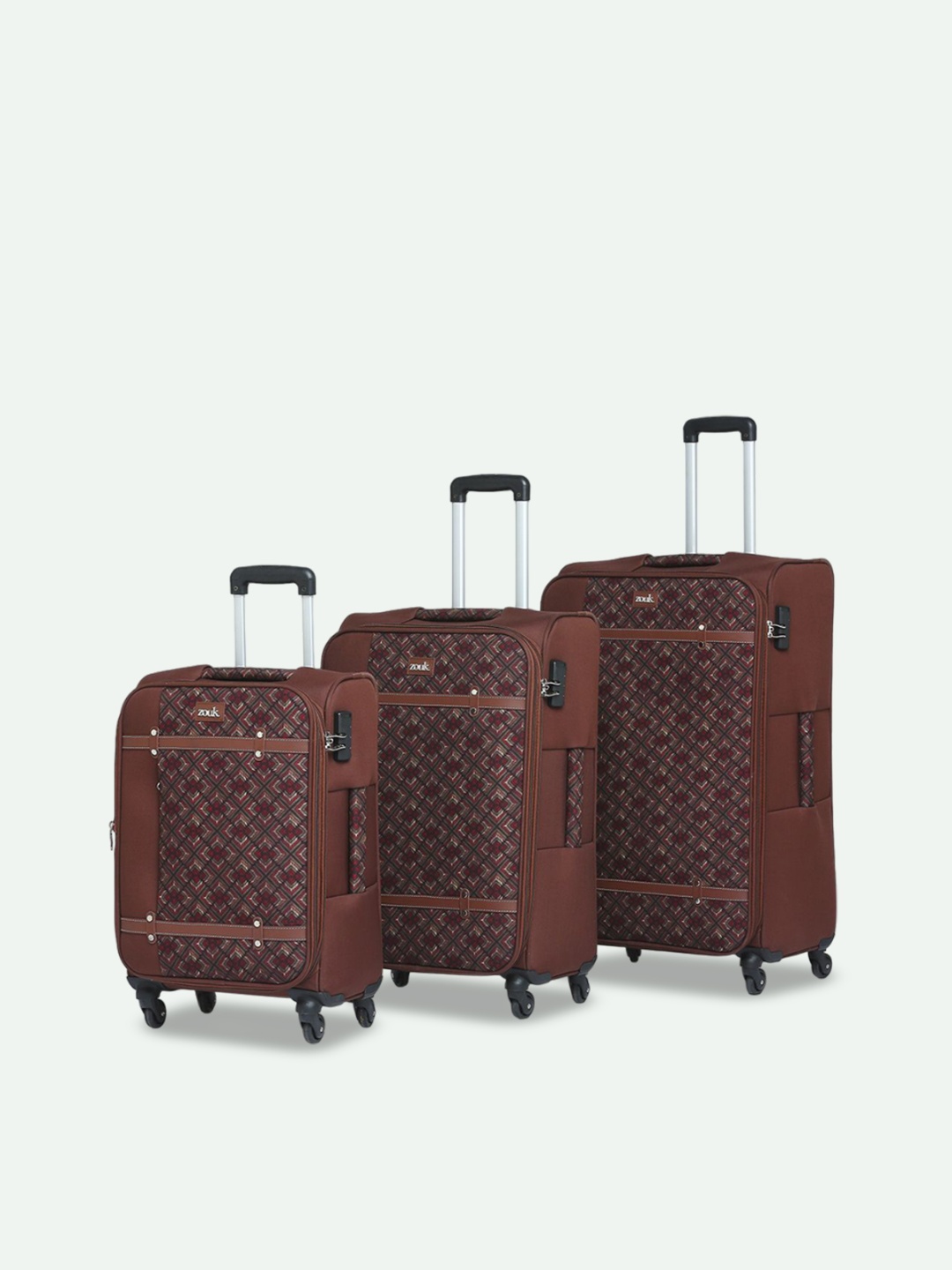 

ZOUK Saira Set Of 3 Printed Soft Sided Trolley Suitcase, Maroon