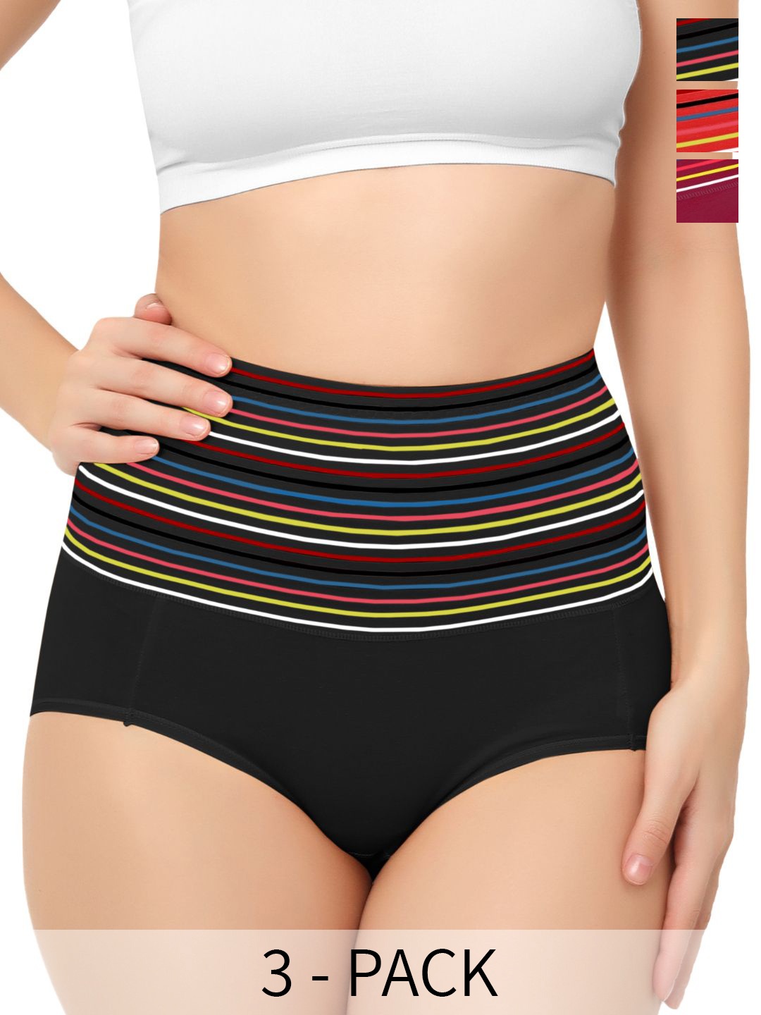 

Bella Voste Pack Of 3 Striped Leak-Proof Cotton Hipster Briefs, Black
