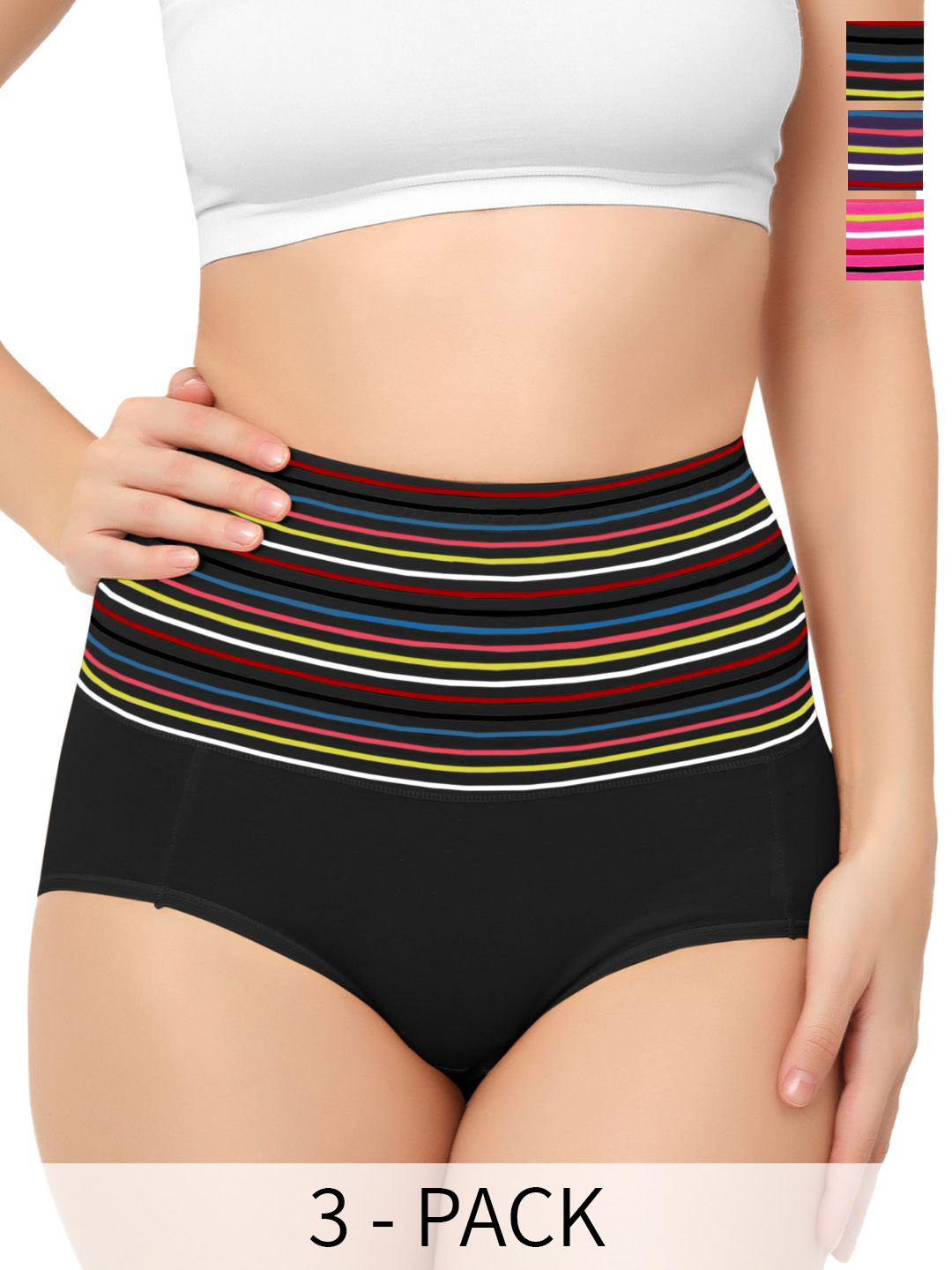 

Bella Voste Pack Of 3 Striped Anti Bacterial Cotton Hipster Briefs, Black