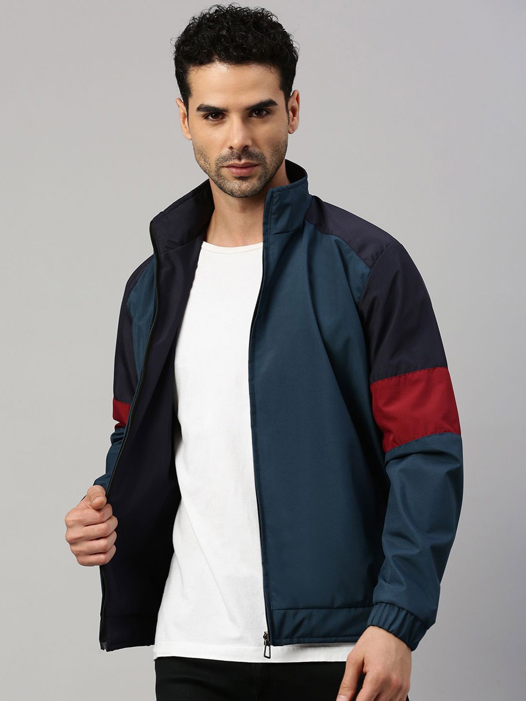 

VOXATI Men Striped Longline Sporty Jacket, Teal