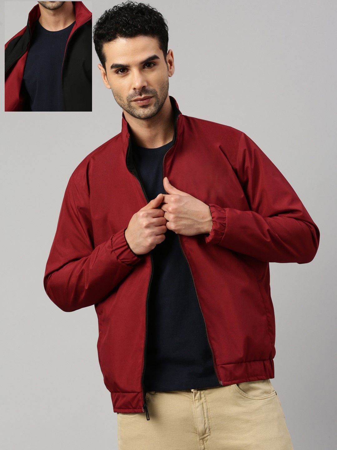 

VOXATI Men Solid Sporty Reversible Jacket, Black