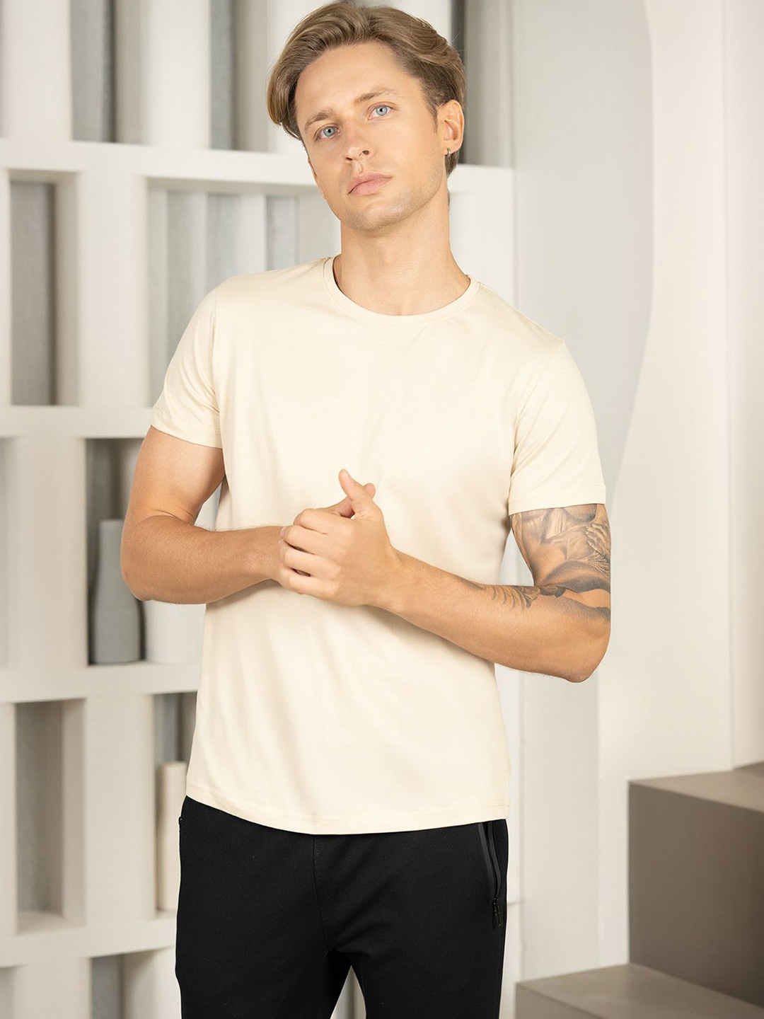 

KOFFY Bio Washed Pure Cotton Round Neck T-Shirt, Beige