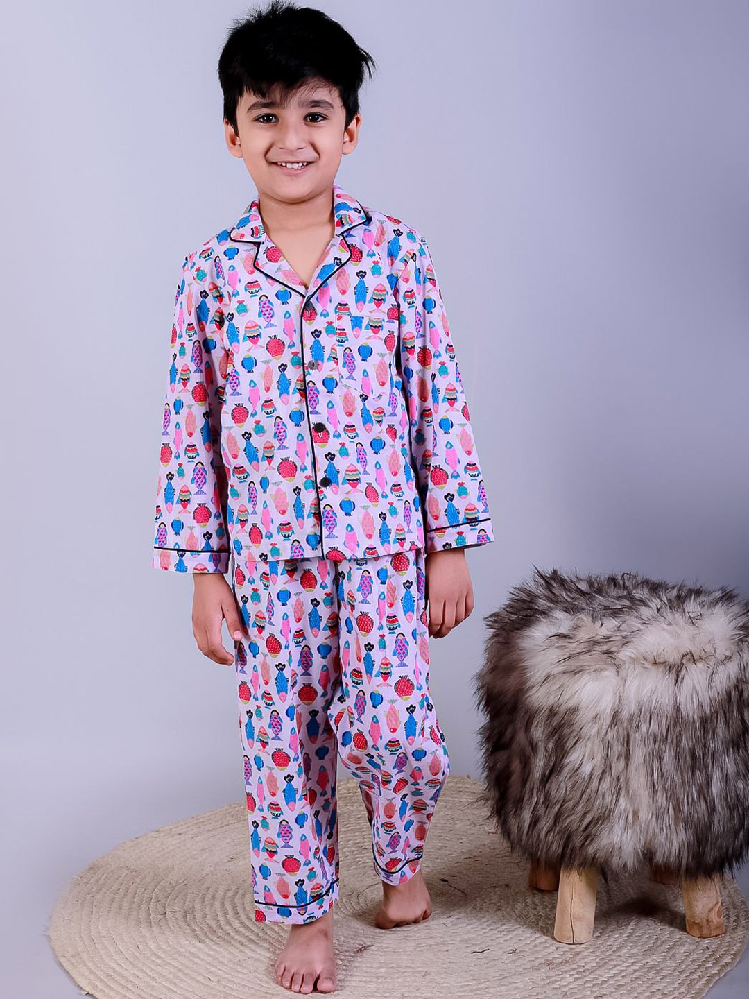 

UNBIND Boys Conversational Printed Lapel Collar Pure Cotton Shirt With Pyjamas, Lavender