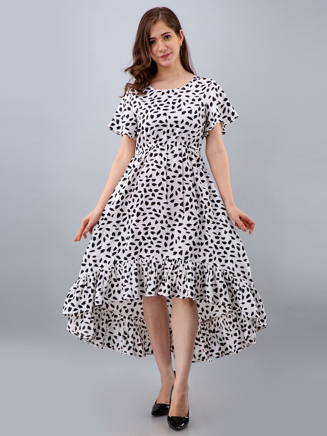 

PRETTY LOVING THING Print Flutter Sleeve Crepe Fit & Flare Midi Dress, White