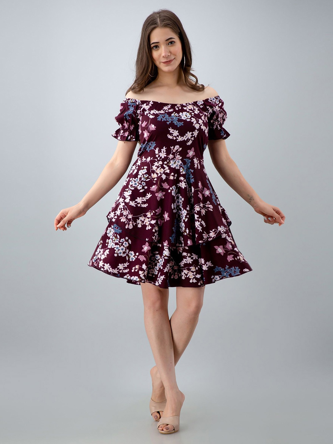 

PRETTY LOVING THING Floral Print Off-Shoulder Crepe Fit & Flare Dress, Maroon