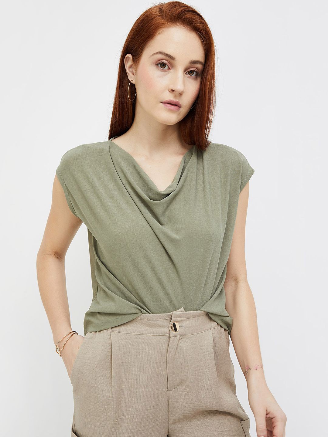 

CODE by Lifestyle Women Solid Cap Sleeves Cowl Neck Top, Olive